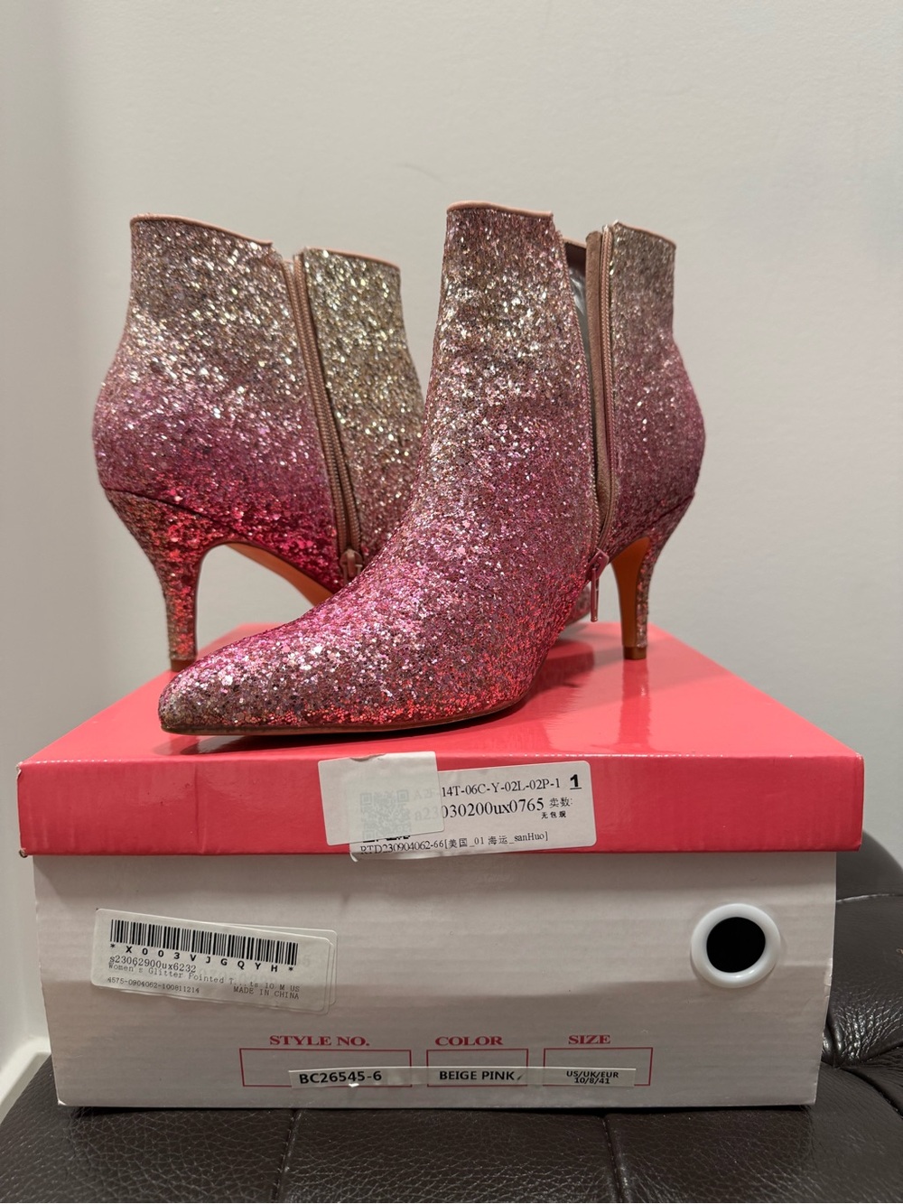 Allegra K Pink and Gold Glitter Pointed Ankle Booties Size 10 in original box.